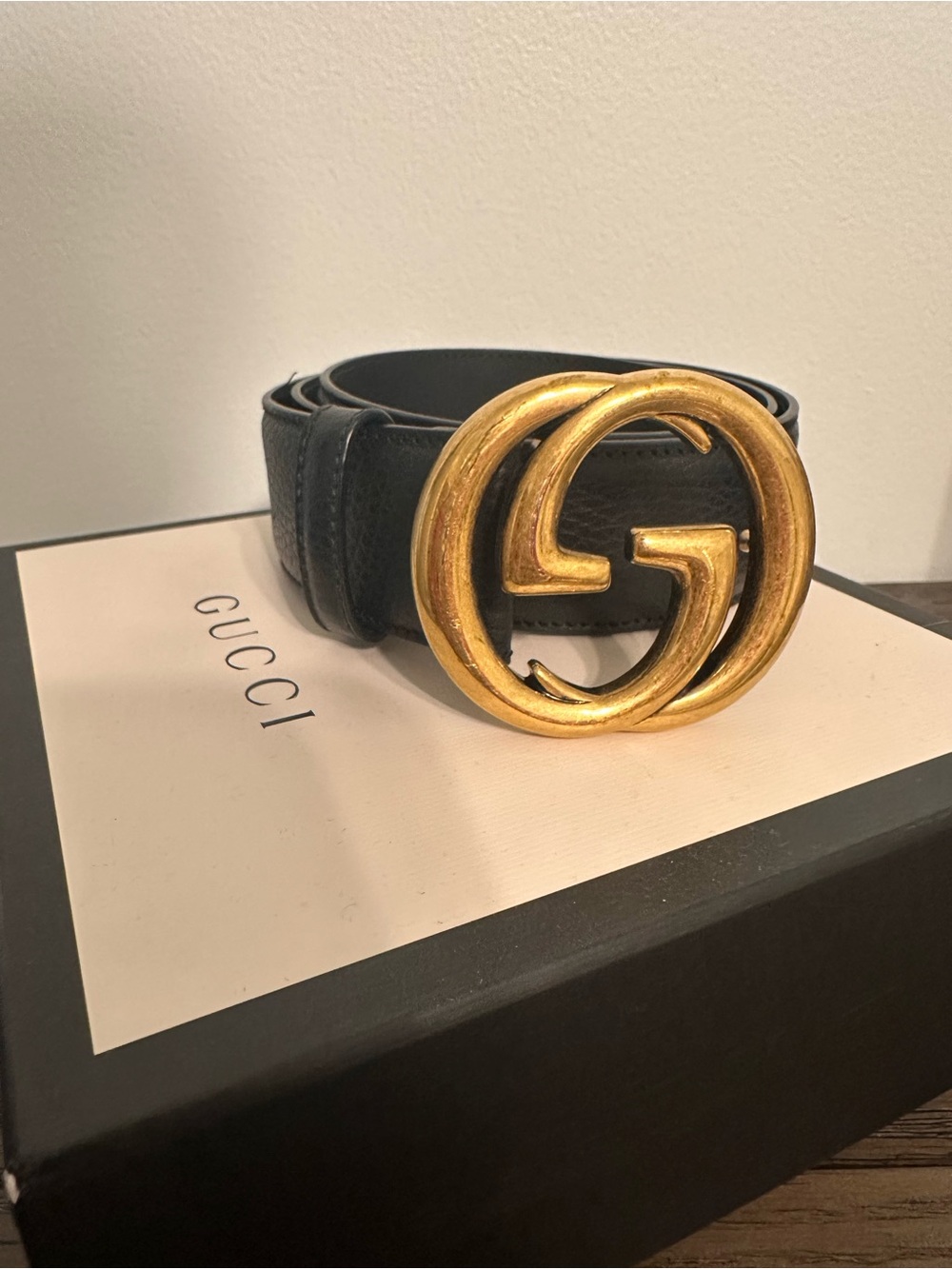 Gucci Black Leather Belt with Gold Double G Logo Buckle